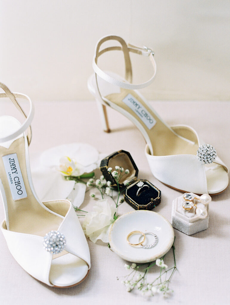 Jimmy Choo bridal shoes wedding fashion flat lay by Natalie Bray