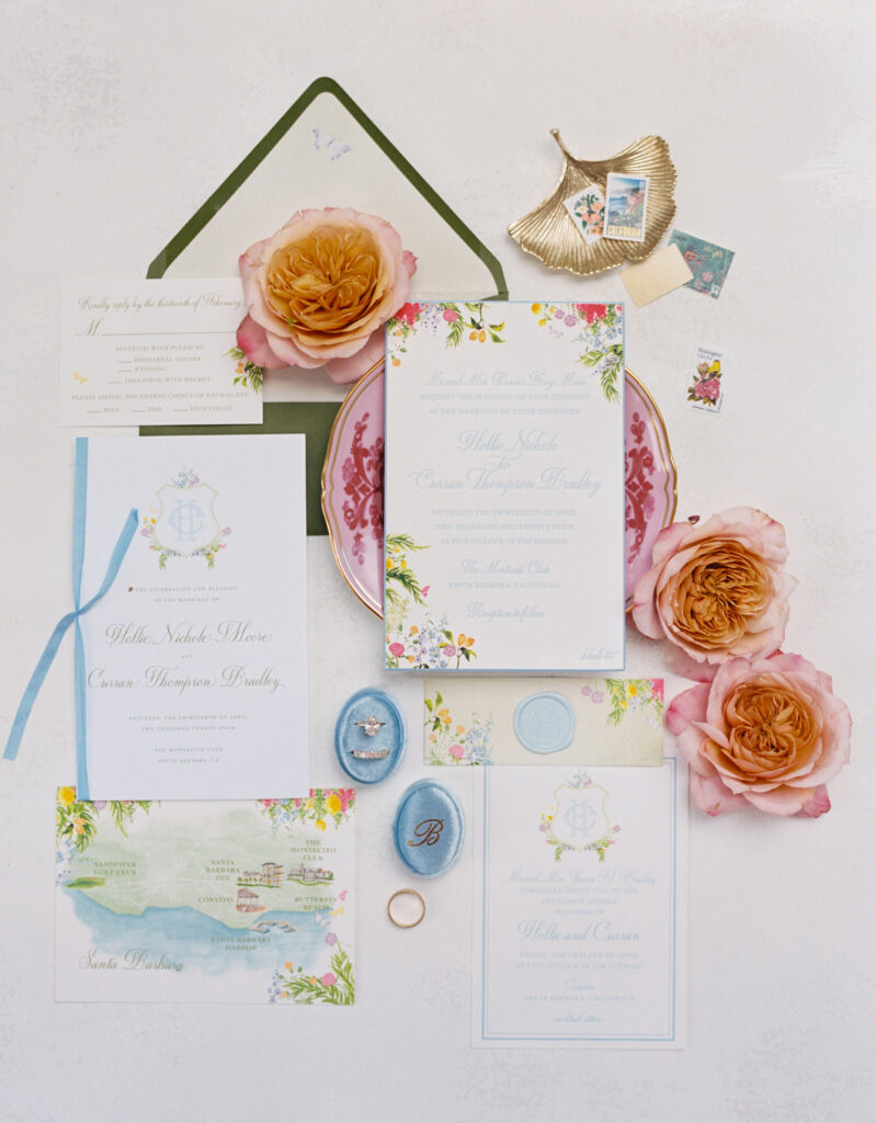 Colorful and Whimsical Wedding Invitation Suite Flatlay. Shannon Skloss Wedding Photography