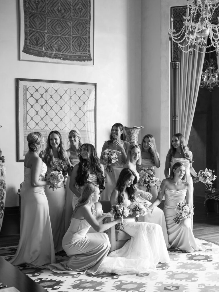 black and white indoor bridal party portrait