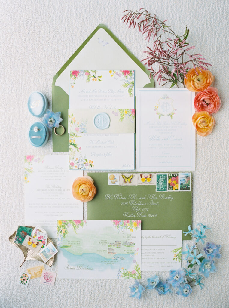 Colorful and Whimsical Wedding Invitation Suite Flatlay