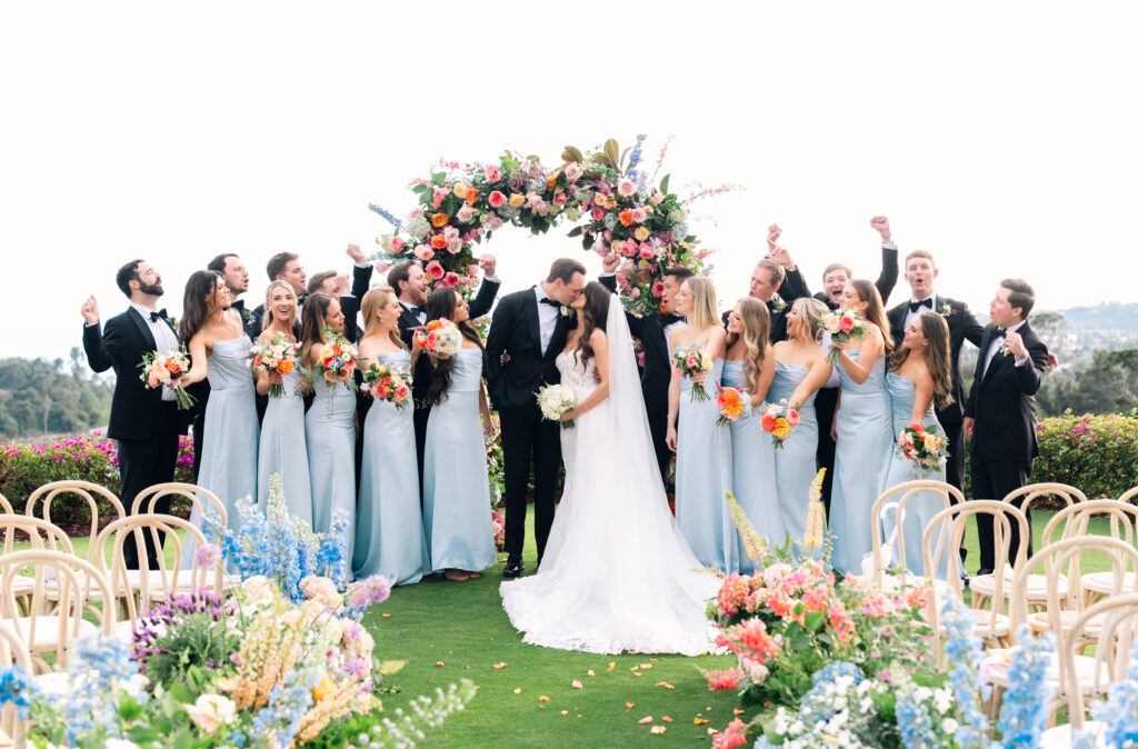 Bridal Party at Colorful Floral-filled Wedding Ceremony at The Montecito Country Club