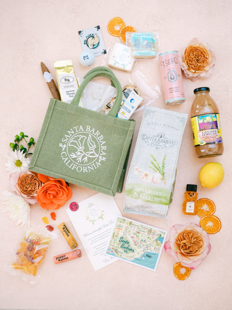 Colorful and Whimsical Wedding Welcome Bag Flatlay