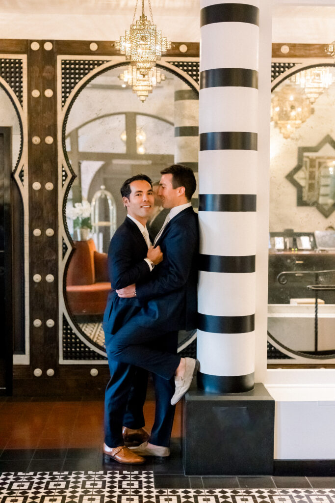 Two grooms at Wedding at Hotel Californian. Gay wedding in Santa Barbara.