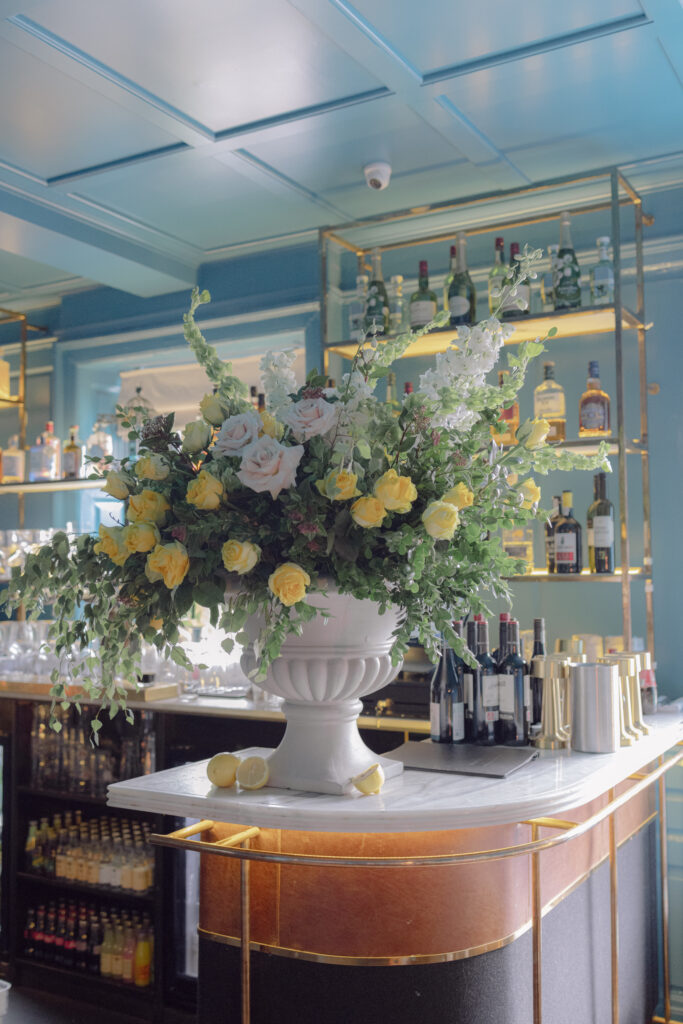 Bar urn at Lemon inspired wedding welcome dinner at The Grayson in Dublin, Ireland