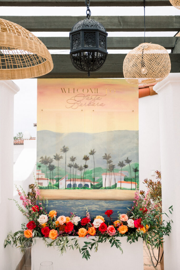 Santa Barbara Wedding Welcome Party at Hotel Californian with custom escort cards wall display.