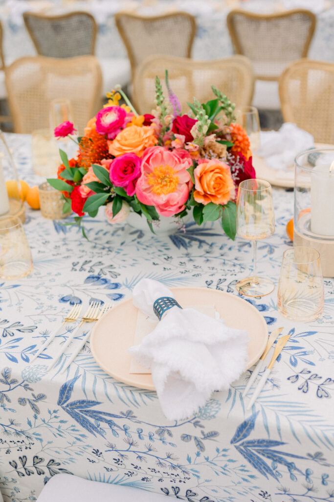 Destination Wedding Welcome Party at Hotel Californian in Santa Barbara, Ca. With colorful flowers, patterned linens, and citrus details.