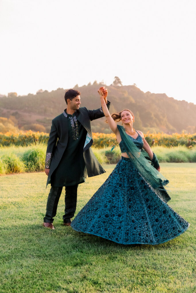  Multicultural wedding Sangeet bride and groom portrait
