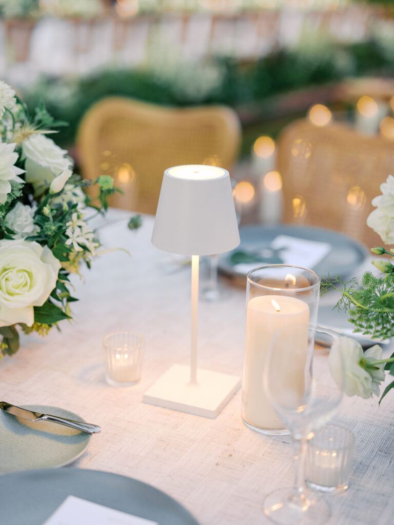 Rechargeable table lamp on quiet luxury wedding tablescape 