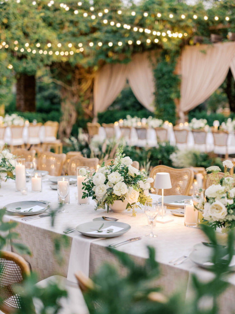 Outdoor wedding reception at the Belmond El Encanto with rechargeable lamps