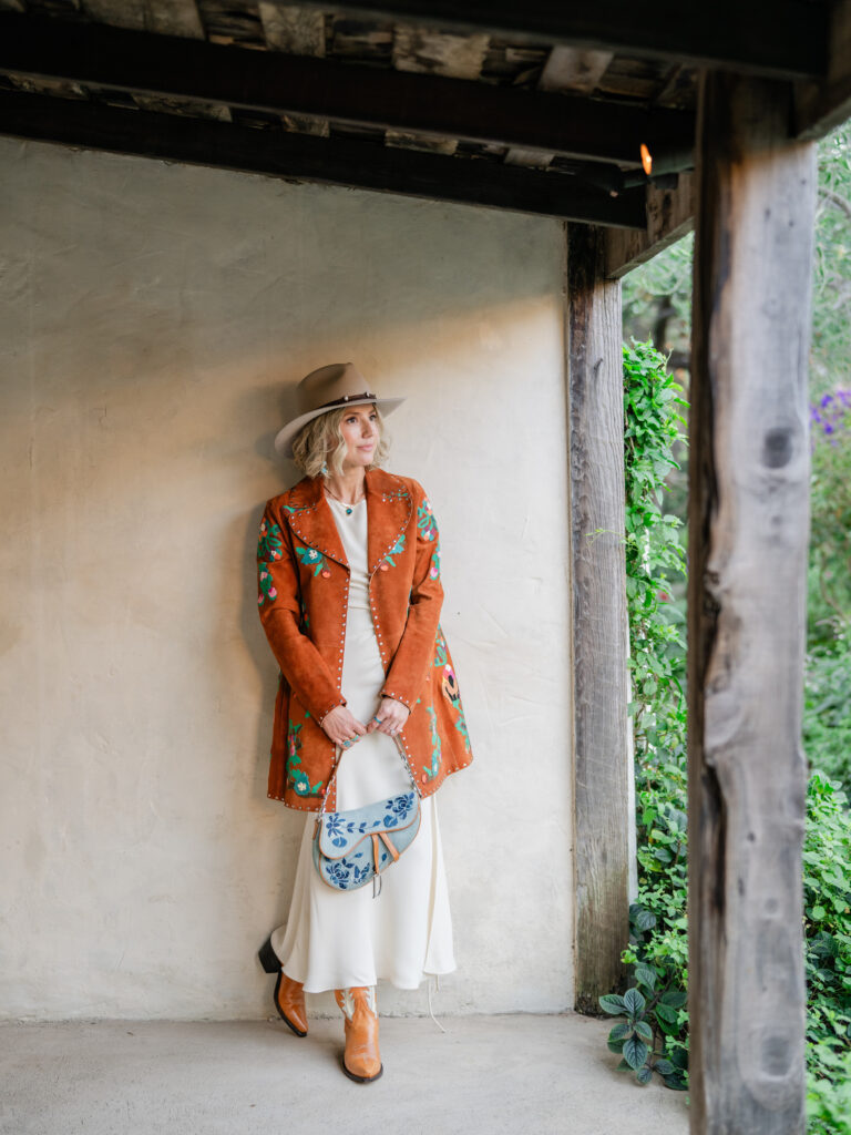 Welcome Party portraits of bride in Western Chic attire at San Ysidro Ranch