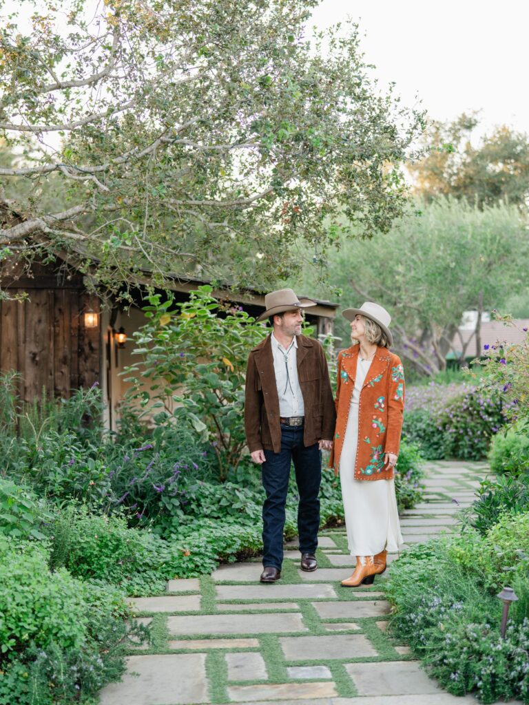 Welcome Party portraits of bride and groom in Western Chic attire at San Ysidro Ranch