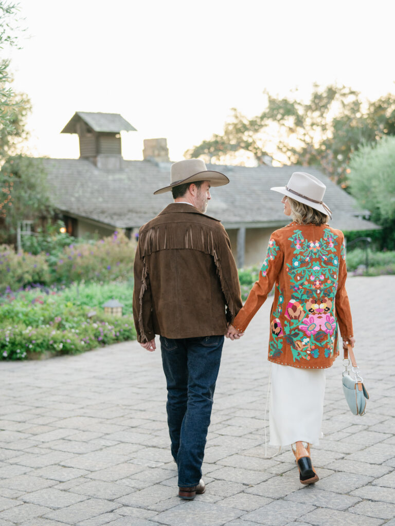 Welcome Party portraits of bride and groom in Western Chic attire at San Ysidro Ranch. KT Merry